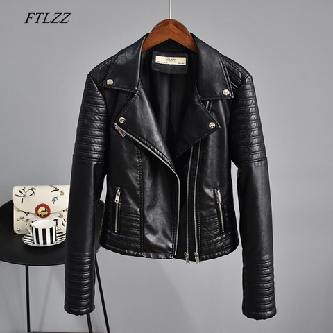 FTLZZ Autumn Faux Leather Jacket Women Turndown Collar Pu Motorcycle Black Punk Coat Female Rivet Zipper Outerwear ► Photo 1/6