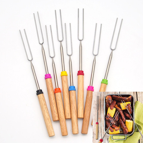 2 Pcs/set BBQ Forks Camping Campfire Stainless Steel Wooden Handle Telescoping Barbecue Roasting Fork Sticks Skewers BBQ Forks ► Photo 1/1
