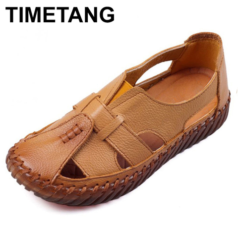 TIMETANG Women's Sandals 2022 Summer Genuine Leather Handmade Ladies Shoe Leather Sandals Women Flats Retro Style Mother Shoes ► Photo 1/6