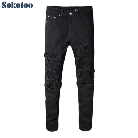 Sokotoo Men's black patchwork stretch denim biker jeans for motorcycle Slim fit skinny ripped pencil pants ► Photo 1/6