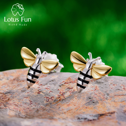 Lotus Fun Real 925 Sterling Silver Earrings Designer Fine Jewelry Lovely 18K Gold Honey Bee Stud Earrings for Women Gift Brincos ► Photo 1/5