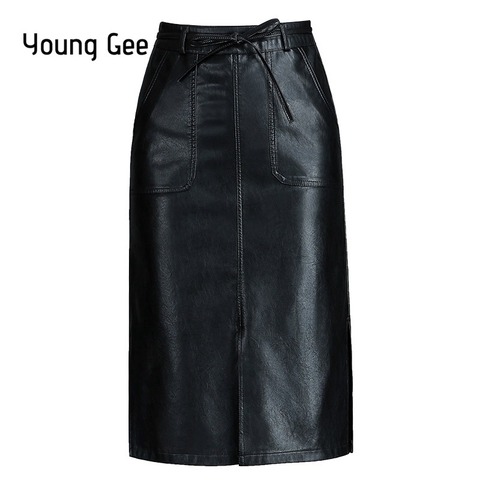 YoungGee PU Leather Bodycon Women Skirts Office Lady Spring Autumn Bow High Waist Streetwear Black Pencil Knee-Length Skirt saia ► Photo 1/6