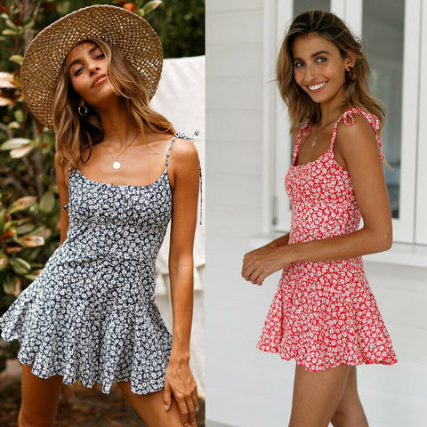 Women's Summer Flowers Print Mini Dress Vintage Boho Bohemian Dresses Beach Short Dress Ladies Summer Casual Sundress Holiday ► Photo 1/6
