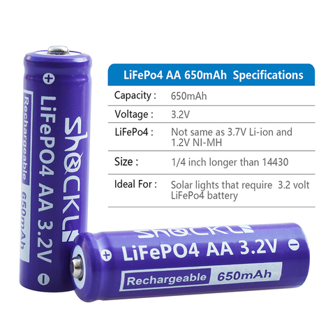2pcs/ lot Shockli Lifepo4 3.2V 14500 Rechargeable battery AA Lithium ion Battery Cell  650mAh  for Camera and Solar Led Light ► Photo 1/4