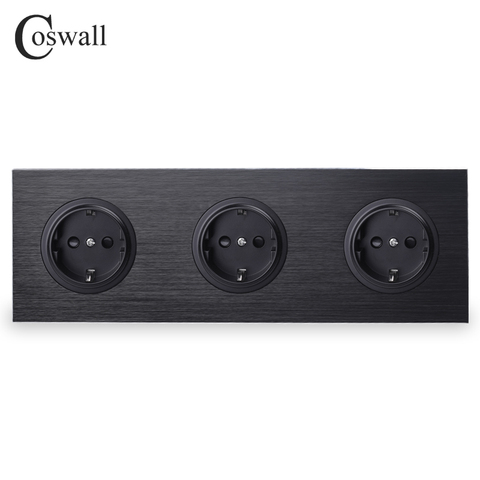 Coswall Luxurious Black / Silver Grey Aluminum Metal Panel Triple EU Russia Wall Socket Grounded With Children Protective Door ► Photo 1/5