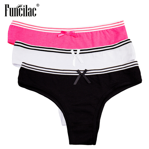 FUNCILAC Brand Underwear Women Sexy Striped Panty Girls Cotton Briefs Simple Solid Shorts Soft Breathable Female Intimates3pcs ► Photo 1/6