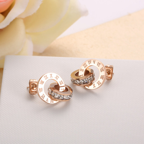 New Shiny Cubic Zirconia Roman Numerals Double Circle Stud Earrings Titanium Steel Rose Gold Engagement Wedding Earrings E17014 ► Photo 1/6