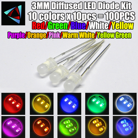 100pcs (10 colors x 10pcs) 3mm Misty LED Diffused Kit 3 mm 3V Warm White Green Red Blue Yellow Orange Purple UV Pink ► Photo 1/1