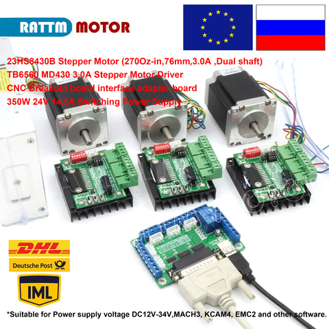 Russia/EU Delivery! 3 Axis CNC Kit Nema23 Stepper Motor(Dual Shaft) 270Oz-in & Driver & 5 Axis Breakout Board & Power Supply  ► Photo 1/1