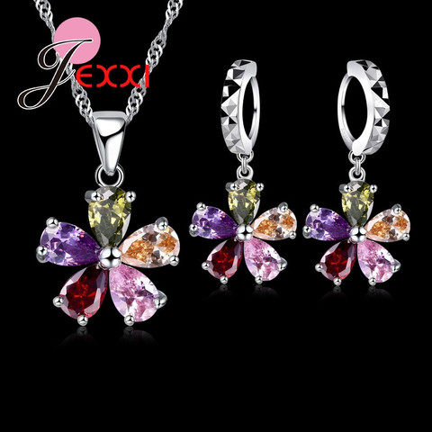 GIEMI 5Color CZ Flower 925 Sterling Silver Pendant Necklace Earrings Ear Sets Wedding Bridal Cubic Zirconia Crystal Jewelry Sets ► Photo 1/5