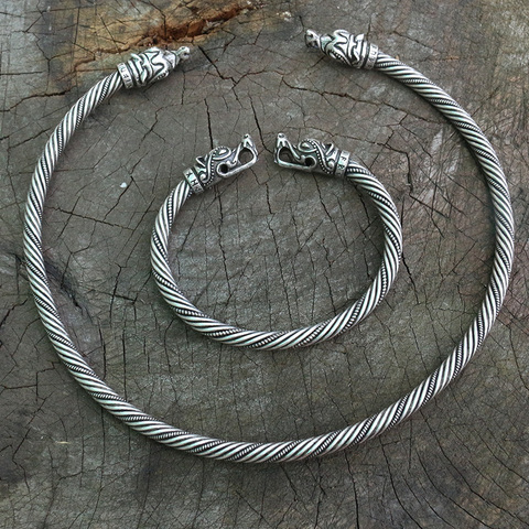 lanseis 1pcs viking wolf bracelet  Viking Wolf Head Fenrir Torc Neck Ring Ragnar Handmade Heavy Twisted Brass Wire Pagan Norse ► Photo 1/6
