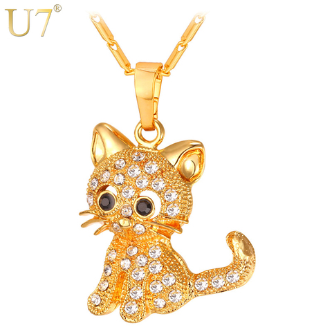 U7 Crystal Kitty Cat Pendant Necklace Jewelry for Women Girls Cat Lover Gifts Daughter Necklace 20+2 inch Chain P1027 ► Photo 1/6