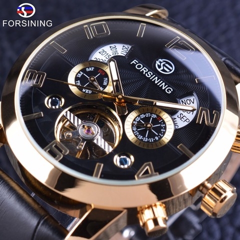 Forsining Golden Bezel Tourbillion Men Watch Fashion Self Winding Automatic Wrist Watch Male Clock Top Brand Mechanical Luxury ► Photo 1/6