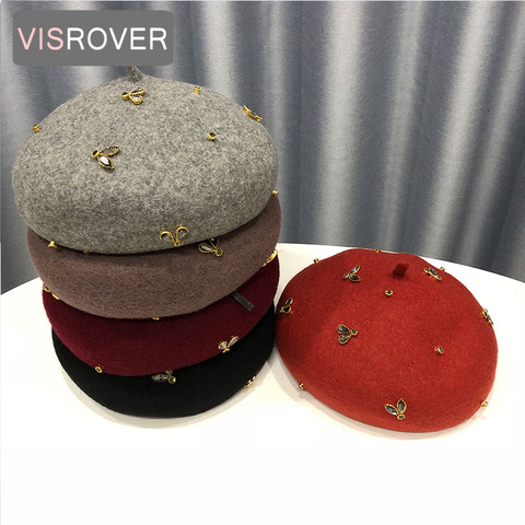 VISROVER winter wool beret with crystal bee female wool cap winter autumn spring hat solid color top quality Women Boina ► Photo 1/6