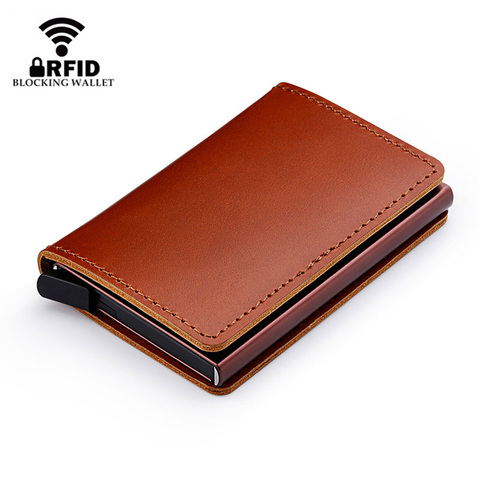 100% Genuine Leather Credit Card Holder RFID Blocking Men's Metal ID Card Case Aluminum Bank Cardholder Small Wallet ► Photo 1/6