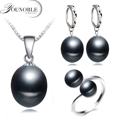 Real wedding black freshwater pearl jewelry set women,natural pearl sets 925 silver necklace earring anniversary gift ► Photo 1/6