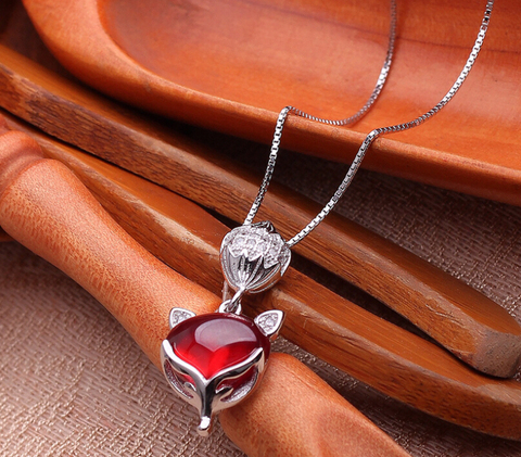 Brand new sterling 925 silver CZ necklace fashion red garnet fox head clavicle chain jewelry ► Photo 1/6