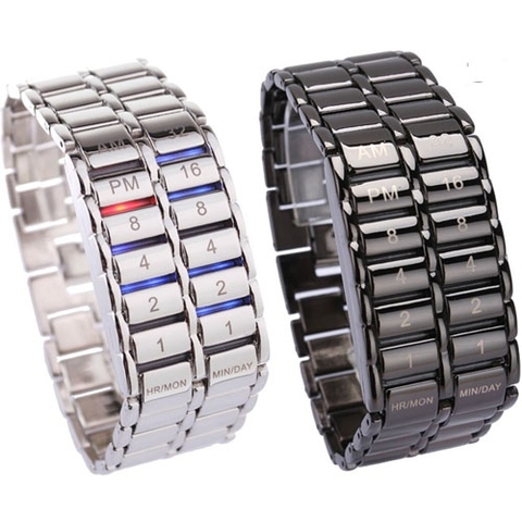 New Fashion Digital Watch Cool Volcanic Lava Style Iron Faceless Binary LED Wrist Watches for Men Black / Silver ► Photo 1/6