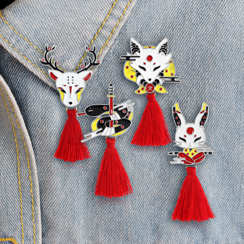 Fashion Chinese Style Harajuku God Beast Fox Rabbit Deer Snake Brooches Chinese Style Red Tassel Women Lapel Enamel Pin Jewelry ► Photo 1/6