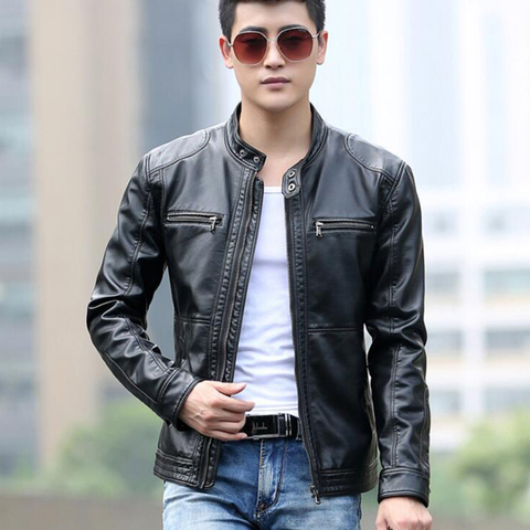 Leather Jacket Men design stand collar Coat male casual motorcycle