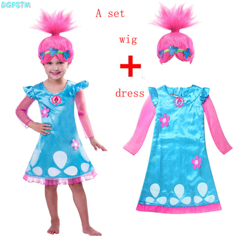 Retail Troll Wig +dress set Children Costumes For Girls Carnival Kids Costumes Dress Trolls Clothes Poppy Party vestido de festa ► Photo 1/6