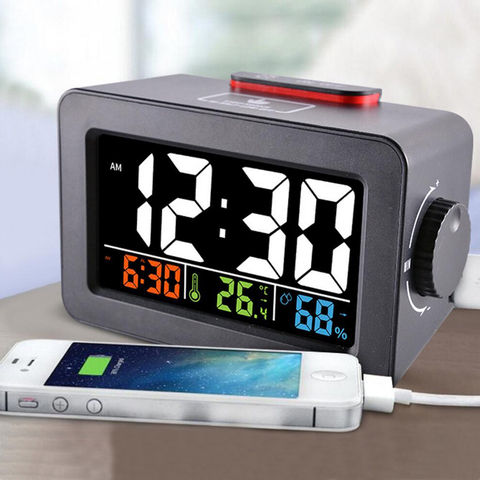 Gift Idea Bedside Wake Up Digital Alarm Clock with Thermometer Hygrometer Humidity Temperature Table Desk Clock Phone Charger ► Photo 1/6