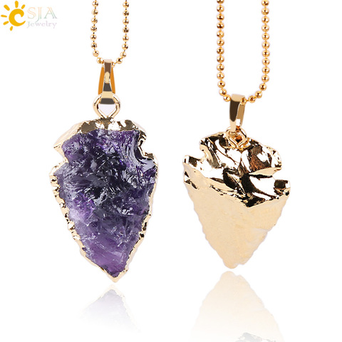CSJA Natural Purple Rock Crystal Quartz Arrowhead Necklaces & Pendants Reiki Gem Stone Electroplated Gold Color Men Jewelry E633 ► Photo 1/6