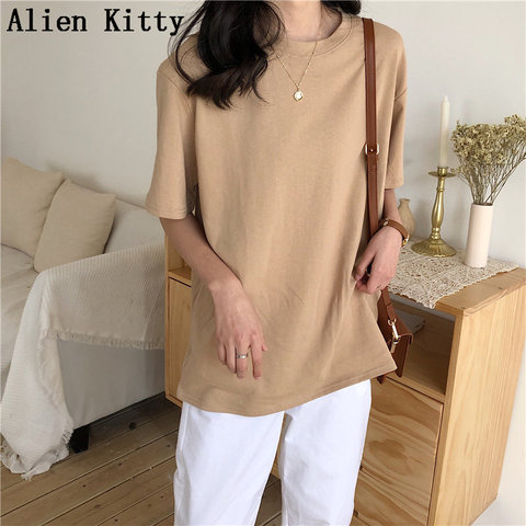 Alien Kitty 2022 New Summer T Shirt Women Soft Free Loose Hot Sale Solid Fresh Casual Natural Short Basic Shirts 4 Colors ► Photo 1/6