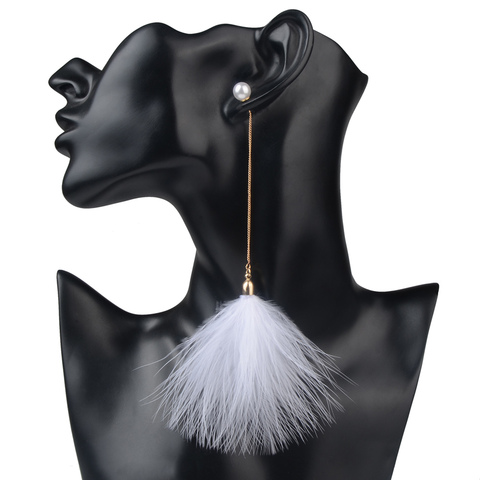 LFPU Elegant Fluffy Feather Earrings Statement Pearl Chain Long Dangle Drop Earrings Jewelry For Women Boho ► Photo 1/6