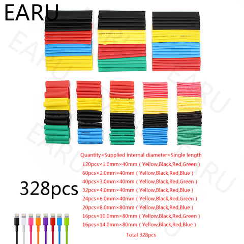 20/55/127/150/280/328Pcs Assorted Polyolefin Heat Shrink Tubing Tube Car Cable Sleeves Wrap Wire Set Kits Box 8 Size Mixed Color ► Photo 1/6