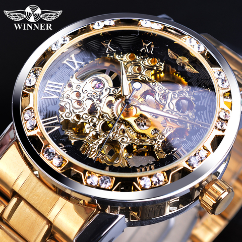 Winner Golden Watches Classic Rhinestone Clock Roman Analog Male Skeleton Clocks Mechanical Stainless Steel Band Luminous Watch ► Photo 1/6