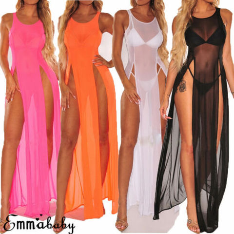 Fashion Women Ladies Solid Boho Long Maxi Dress Evening Party Holiday Beach Split Dresses Summer Sundress Mesh Cover Up ► Photo 1/6