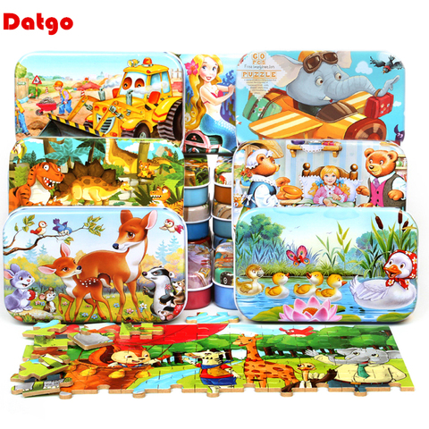 60 Pieces Wooden Puzzle Toys with Iron Box Kids Cartoon Animal