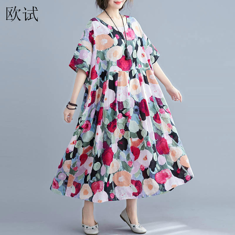 Plus Size 4XL 5XL Women Summer Print Floral Boho Dress Cotton Linen Long Dresses Loose Large Robe Femme Beach Dress 2022 Longue ► Photo 1/6