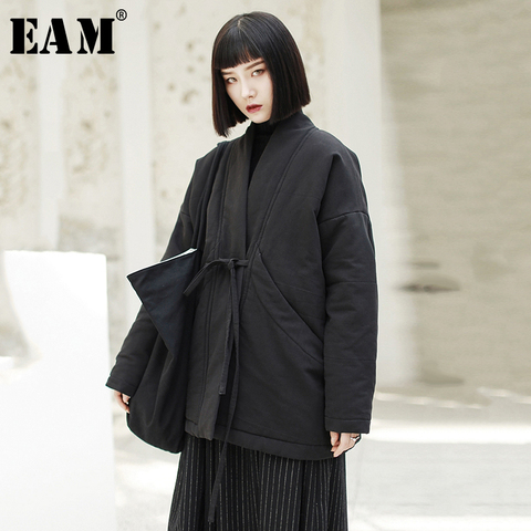 [EAM] 2022 New Spring V-collar Long Sleeve Black Loose Brief Bandage Cotton-padded Large Size Coat Women Fashion JK133 ► Photo 1/6