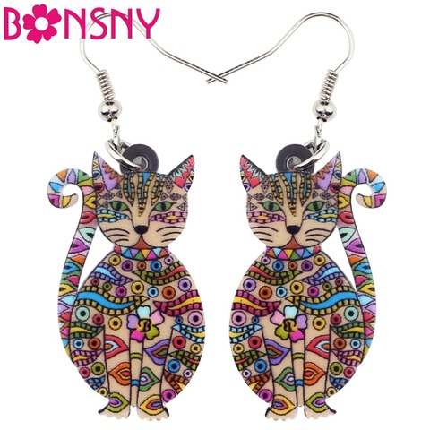 Bonsny Statement Acrylic Floral Cat Kitten Earrings Big Long Drop Dangle Fashion Animal Jewelry For Girls Women Lady Accessories ► Photo 1/6