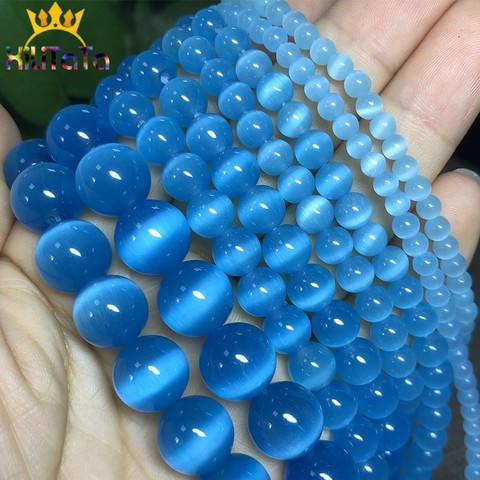AAA Lack Blue Cat Eye Beads Hight Quality Smooth Round Loose Beads For Jewelry Making Opal Stone DIY Bracelet 15