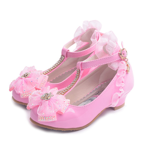 ULKNN Kids Shoes For Girl Dress Wedding Rhinestone Love Heart Pattern Butterfly Lace Mary Jane High Heel Children Princess Shoes ► Photo 1/6
