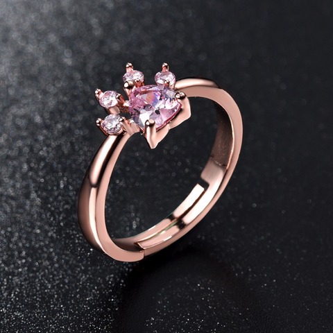 Cute Bear Paw Cat Claw Opening Adjustable Ring Rose Gold Color Rings for Women Wedding Pink Crystal CZ Love Gifts Jewelry ► Photo 1/5