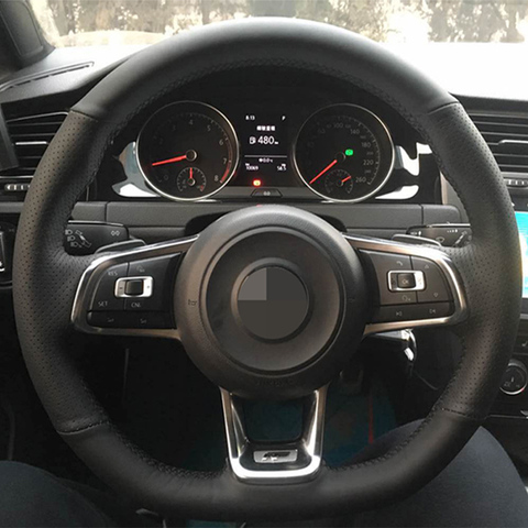 Black Leather Car Steering Wheel Cover for Volkswagen Golf 7 GTI Golf R MK7 VW Polo GTI Scirocco 2015 2016 ► Photo 1/6