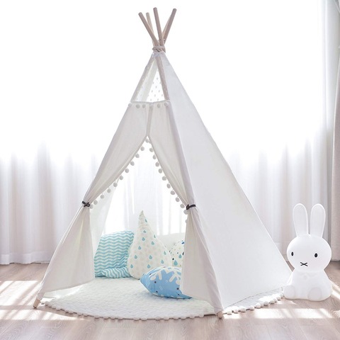 Large Unbleached Canvas Original Teepee Kids Teepee with Grey Pom Poms Indian Play Tent House Children Tipi Tee Pee Tent NO MAT ► Photo 1/5