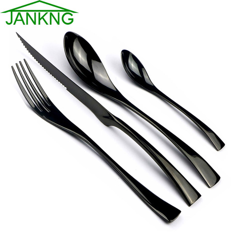 JANKNG 4-Pcs 18/10 Stainless Steel Flatware Set Black Dinnerware Steak Knife Fork Spoon Teaspoon Cutlery Food Tableware Dropship ► Photo 1/6