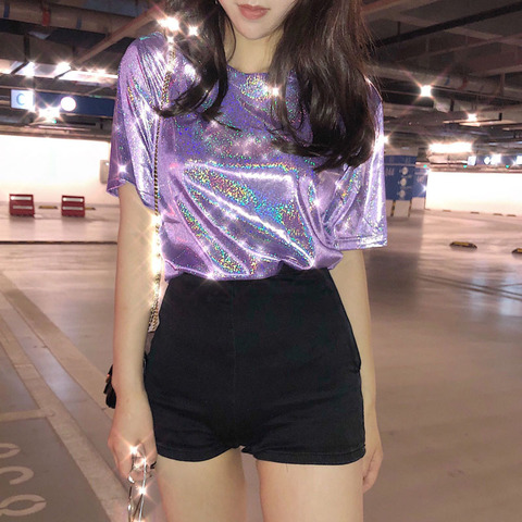 summer woman tops shiny loose short sleeve t-shirt sexy club aesthetic harajuku women stylish bright silk tshirt ► Photo 1/6
