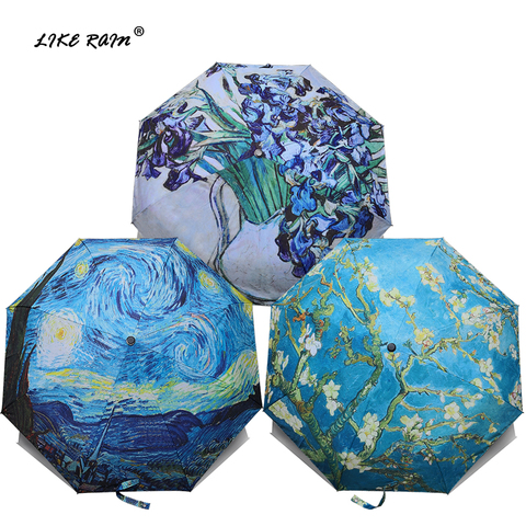 LIKE RAIN Brand Folding Umbrella Female Windproof Paraguas Van Gogh Oil Painting Umbrella Rain Women Quality Umbrellas UBY01 ► Photo 1/6