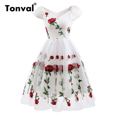Tonval Rose Flower Embroidery V neck Elegant Dress Pleated Mesh Overlay Floral White Dresses Women Vintage Style Party Dress ► Photo 1/6