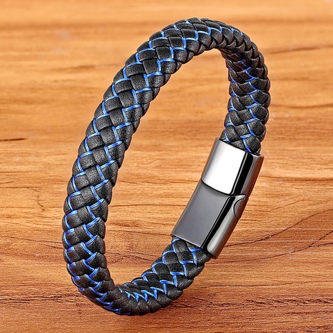 New Men Jewelry Punk Black Blue Braided Leather Bracelet for Men Stainless Steel Magnetic Clasp Fashion Bangles Gifts 6 Colors ► Photo 1/6