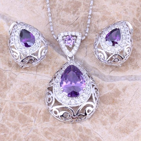 Fascinating Purple Cubic Zirconia White CZ Silver Plated Earrings Pendant Necklace Jewelry Sets S0741 ► Photo 1/3