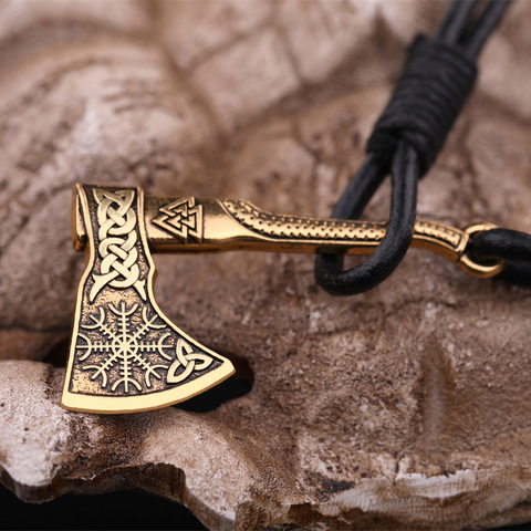 Teamer Gold Color Trinket Viking Slavic Aegishjalmur Axe Bracelet Black Round Woven Rope Bracelet Amulet Jewelry for Men ► Photo 1/6