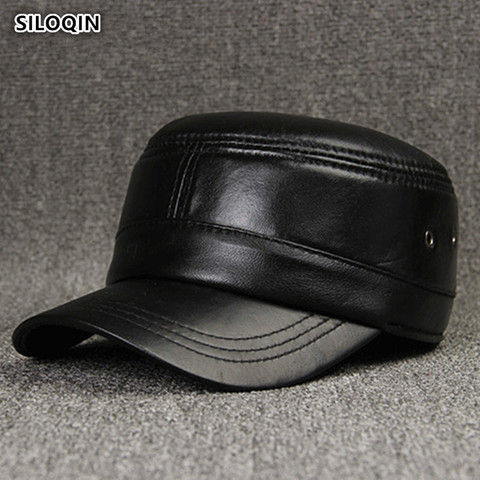 SILOQIN  Winter Genuine Leather Hat Men's Sheepskin Military Caps  Adjustable Male Bone Simple Solid Color Breathable Flat Cap ► Photo 1/6