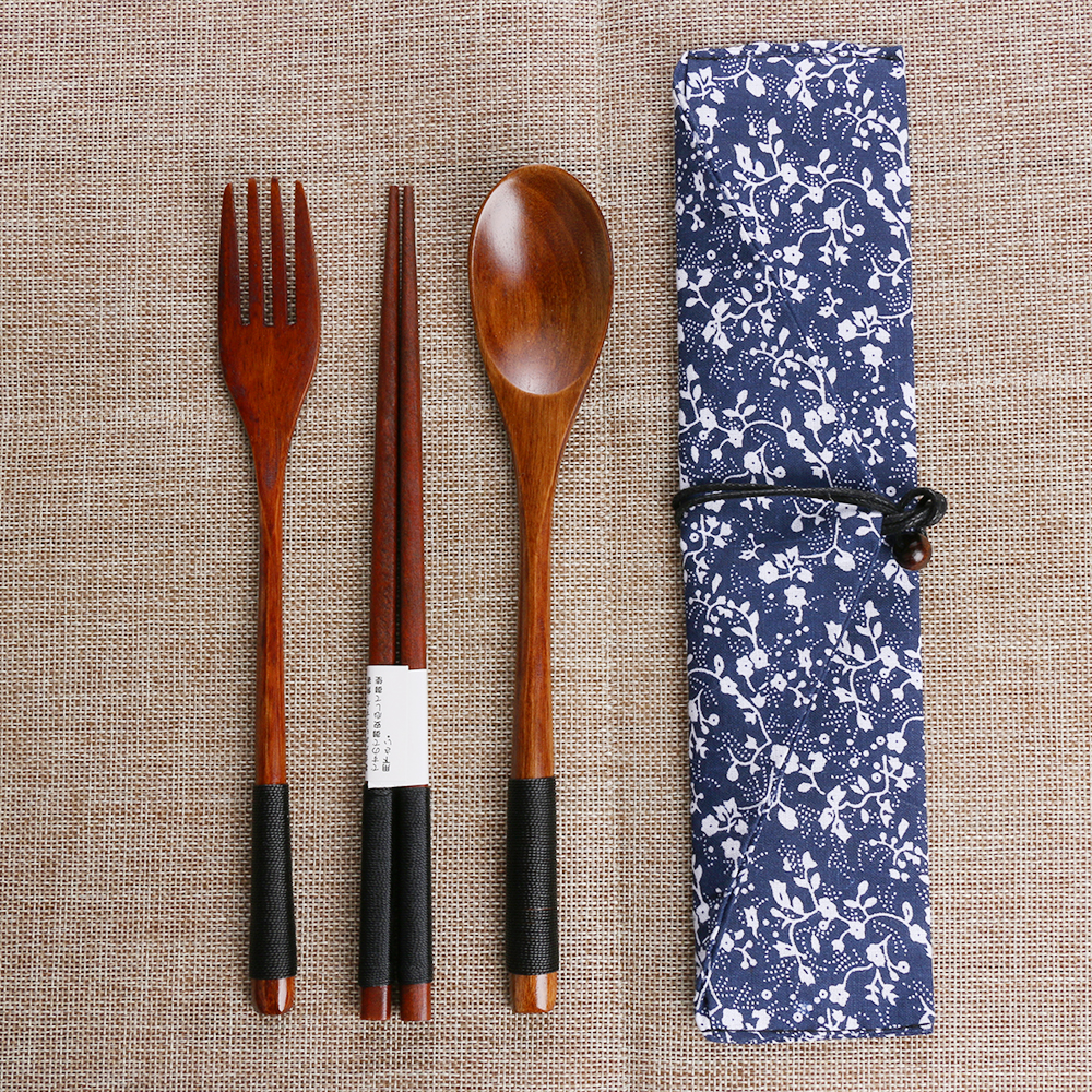 Set Handmade Japanese Style Natural Wooden Cloth Bag Spoon Fork Chopsticks 